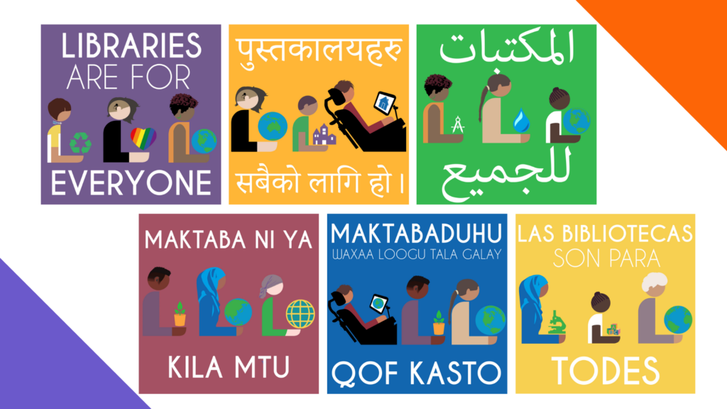 Diverse set of humans on colorful backgrounds. Text reads Libraries are for everyone in English, Nepali, Arabic, Swahili, Somali, and Spanish.
